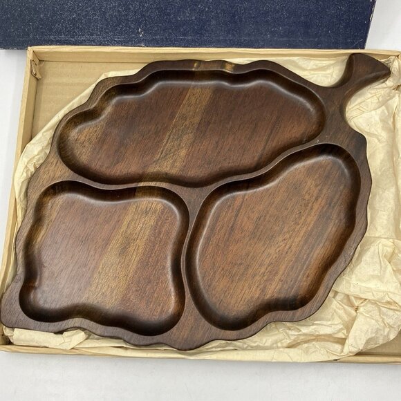Vintage Kala Wood Hand Rubbed Carved 3 Section Leaf Tray MCM Mid Century Dark - Picture 4 of 10